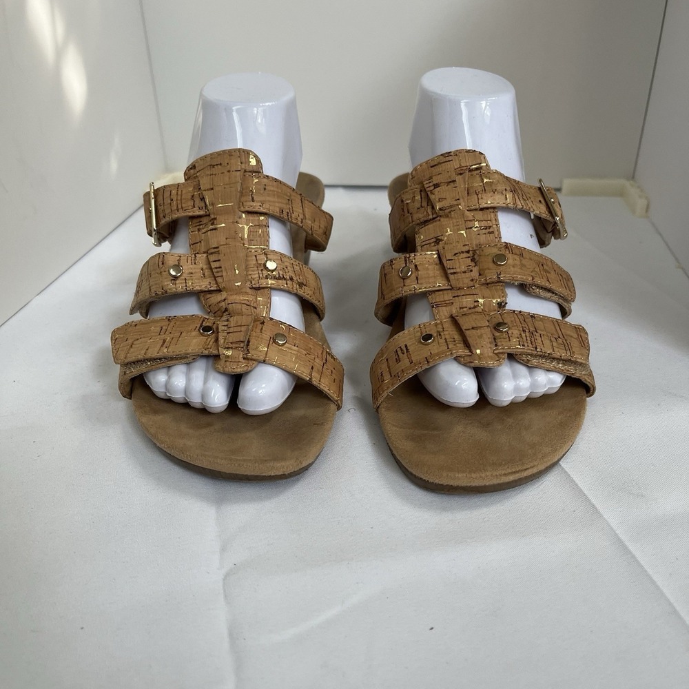Vionic Orthotic Adjustable Triple Strap Slide Wedges Radia Gold Cork Size 9